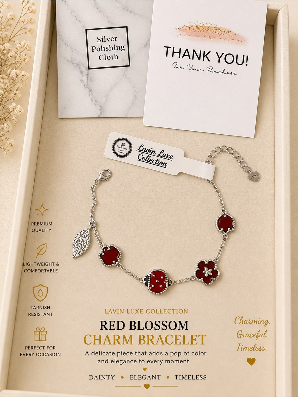Red Blossom Charm Bracelet - Silver 925